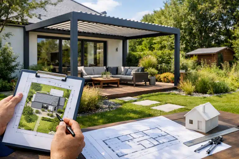 Pergola en bois dans un jardin illustrant le calcul de l'emprise au sol selon le PLU