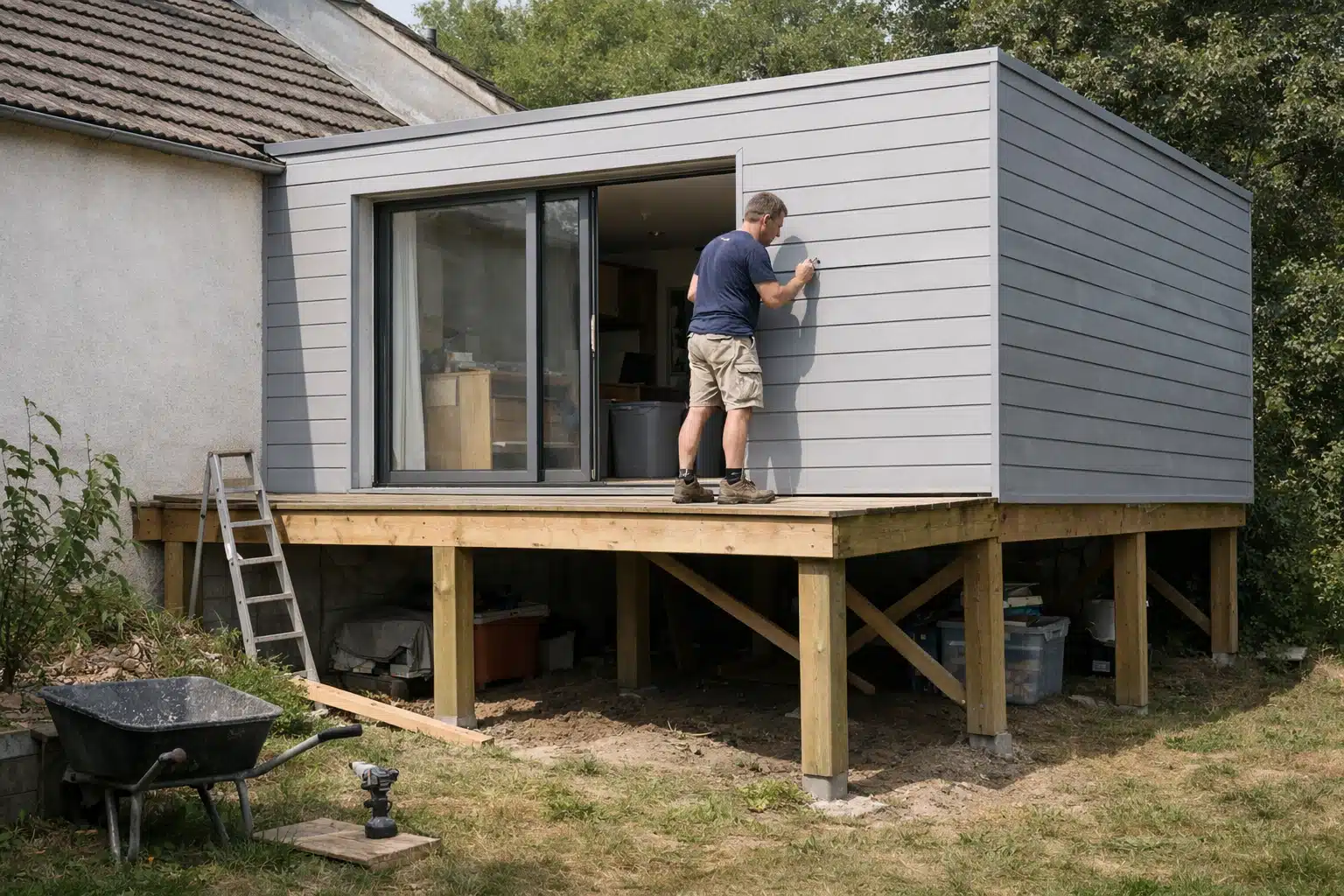 Homme peignant un mur en bois gris d'une extension.
