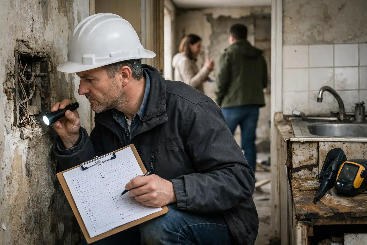 Homme en casque blanc consultant un carnet de chantier