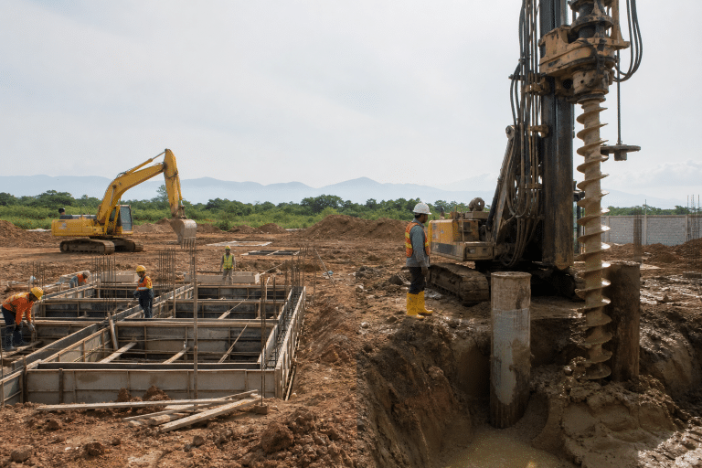 Chantier avec pelleteuse et foreuse de pieux