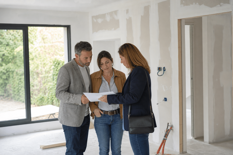 Agent immobilier montrant des plans à un couple