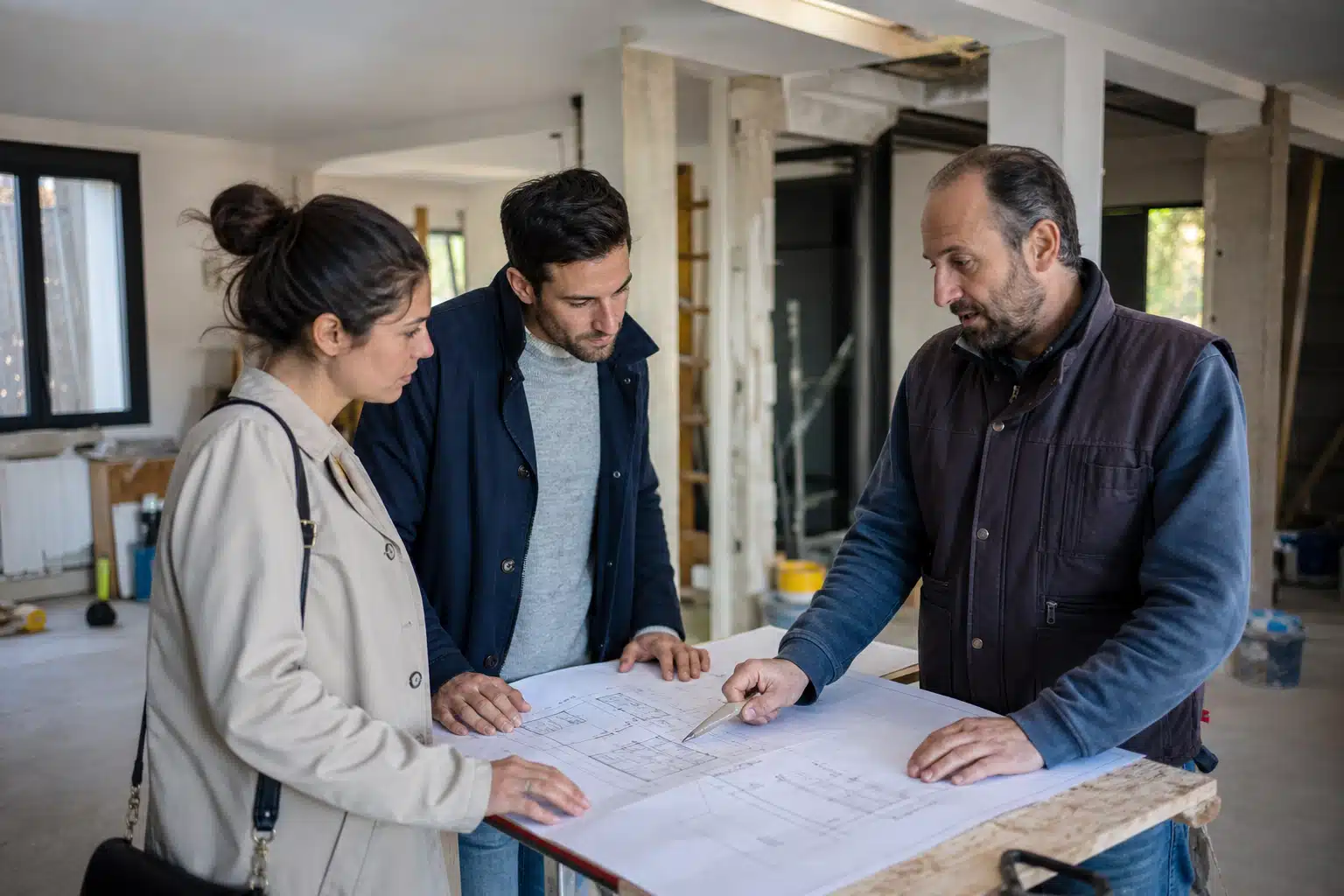 Trois professionnels examinant des plans de construction