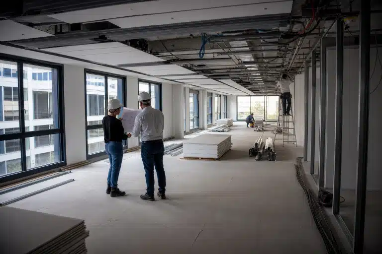 Deux hommes inspectant un open space en rénovation