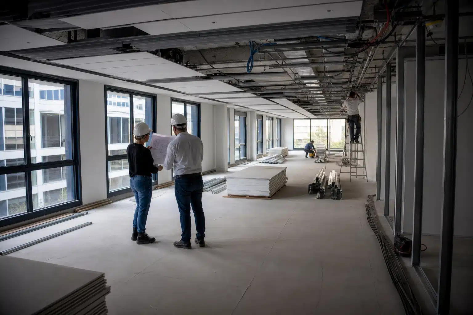 Deux hommes inspectant un open space en rénovation