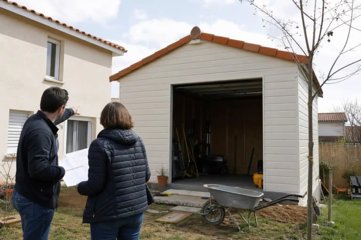 Deux personnes discutent devant un abri de jardin beige ouvert